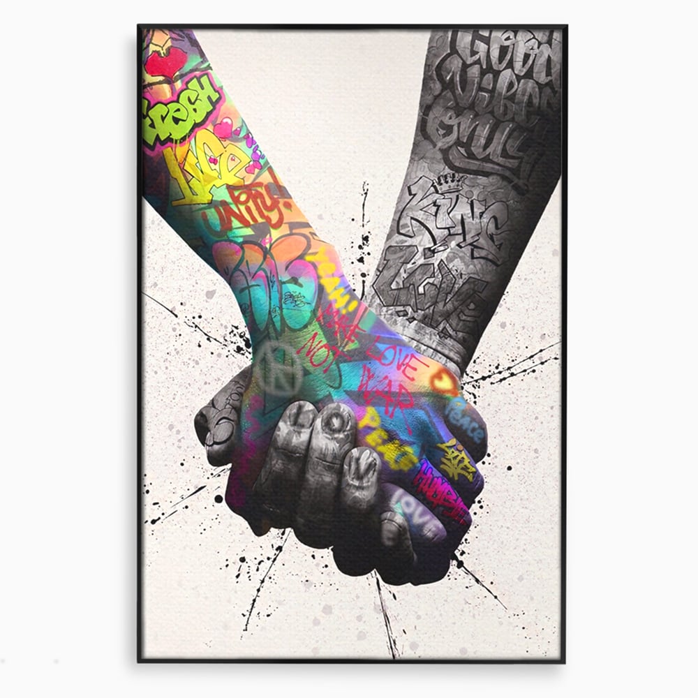 Tablou canvas cu tablou canvas cu maini desenate in stil graffiti, in rama de aluminiu negru